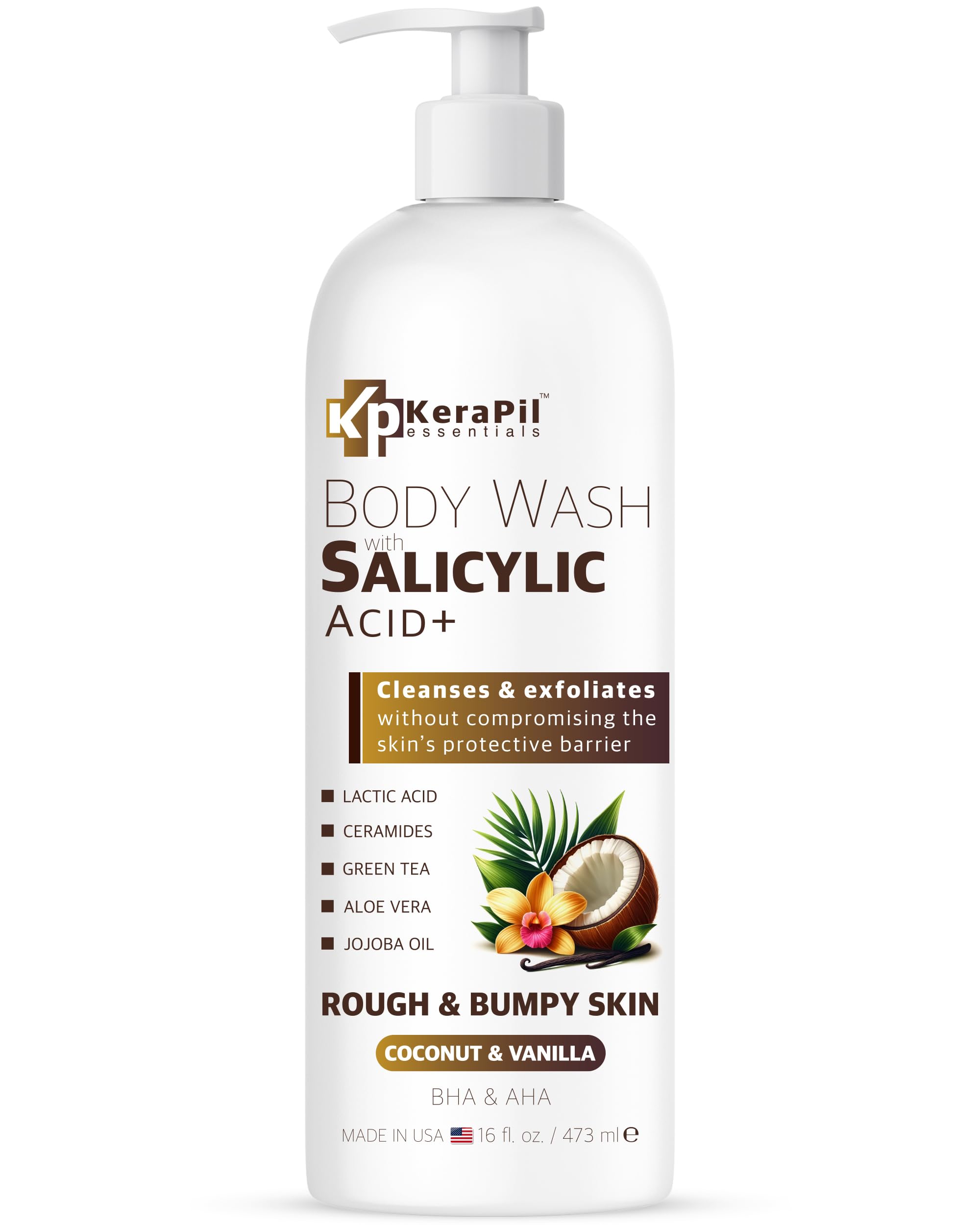 KERAPIL Exfoliating Body Wash with Salicylic Acid - No Dry Out, Gentle Exfoliates Rough and Bumpy Skin, Body Acne Wash, BHA & AHA - Coconut and Vanilla Salicylic Acid Body Wash - (16 fl oz)